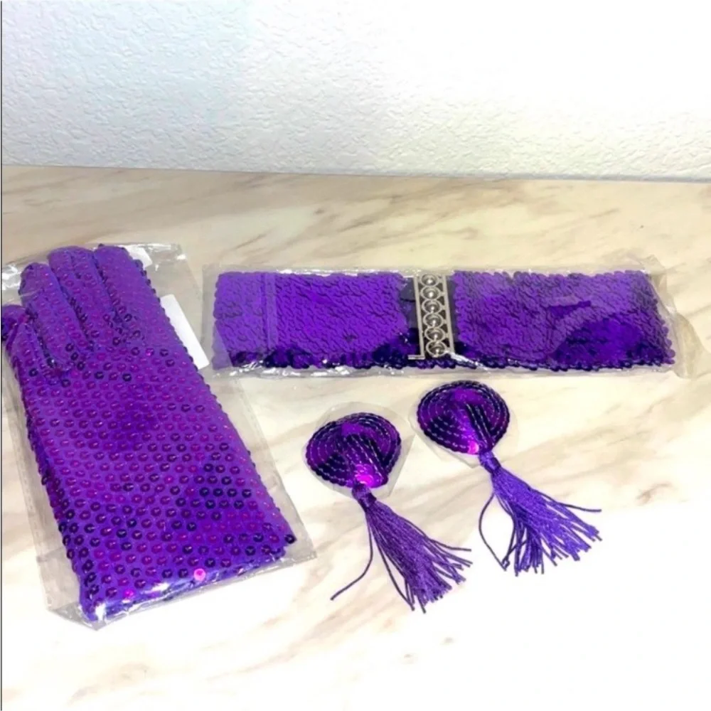 6 PC Purple Sequin Gloves and Accessories Set - Picture 1 of 10